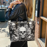 Gothistar Gothic Skullveil Roses Leather Tote Bag