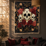 Gothistar Gothic Night Rose Skulls Woven Tapestry Blanket