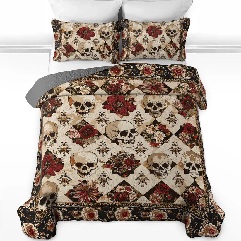 Gothistar All Season Quilt 3-Piece Set Elegant Skull Roses