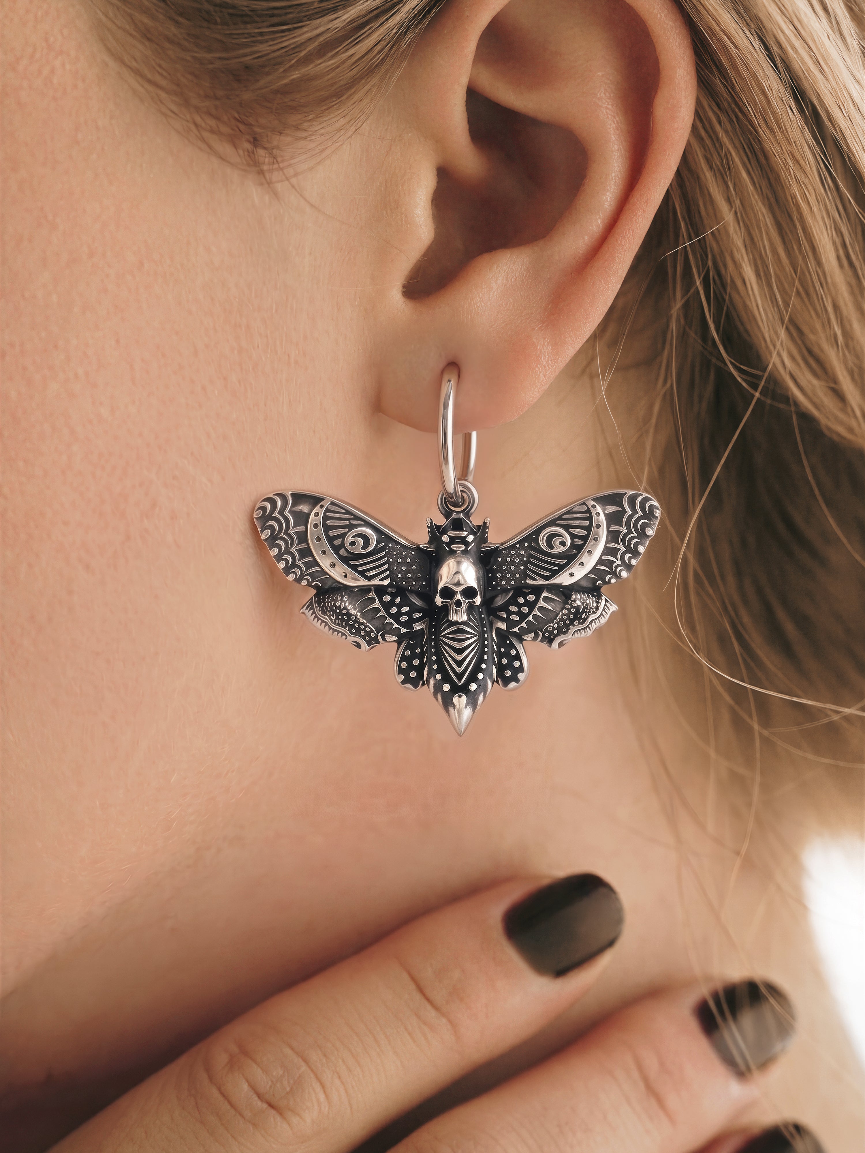 Gothistar Gothic Moth Skull Earrings - Model