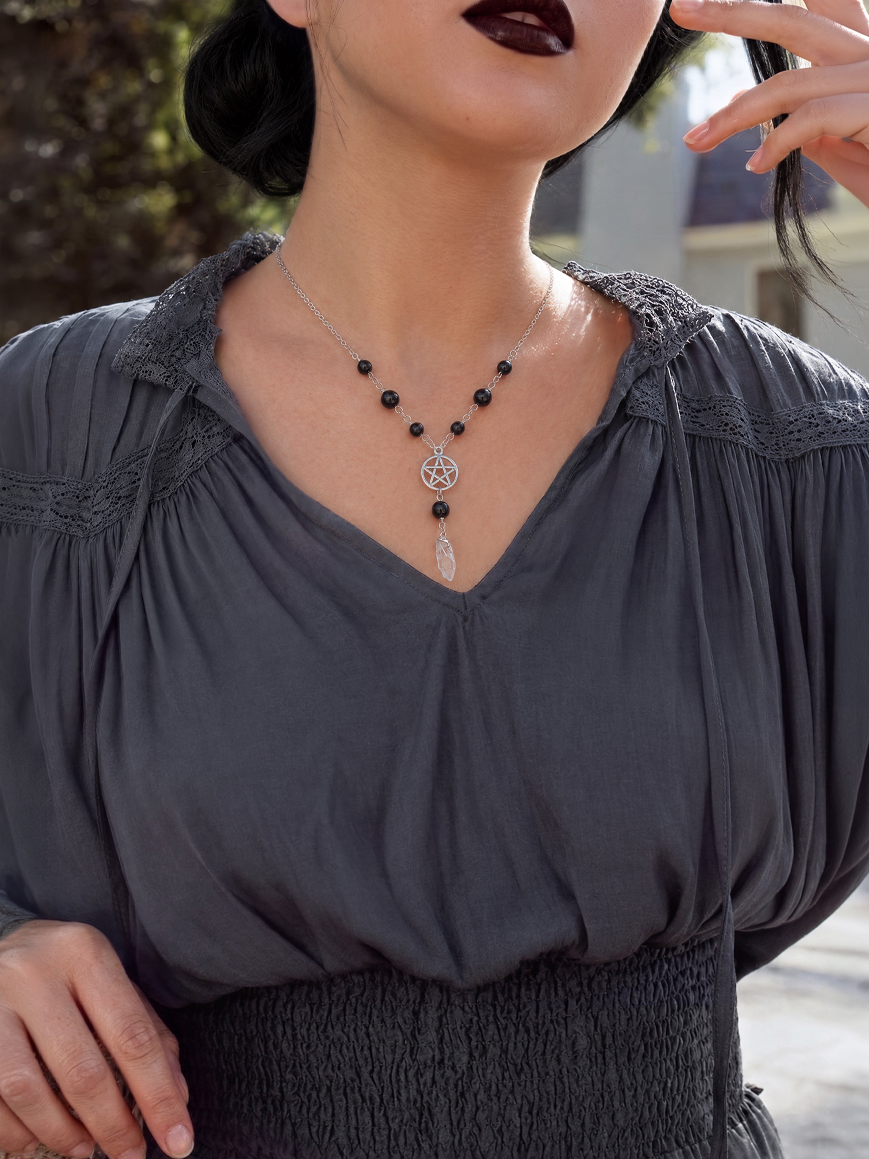 Gothistar Crystal Pentacle Beaded Necklace - Model