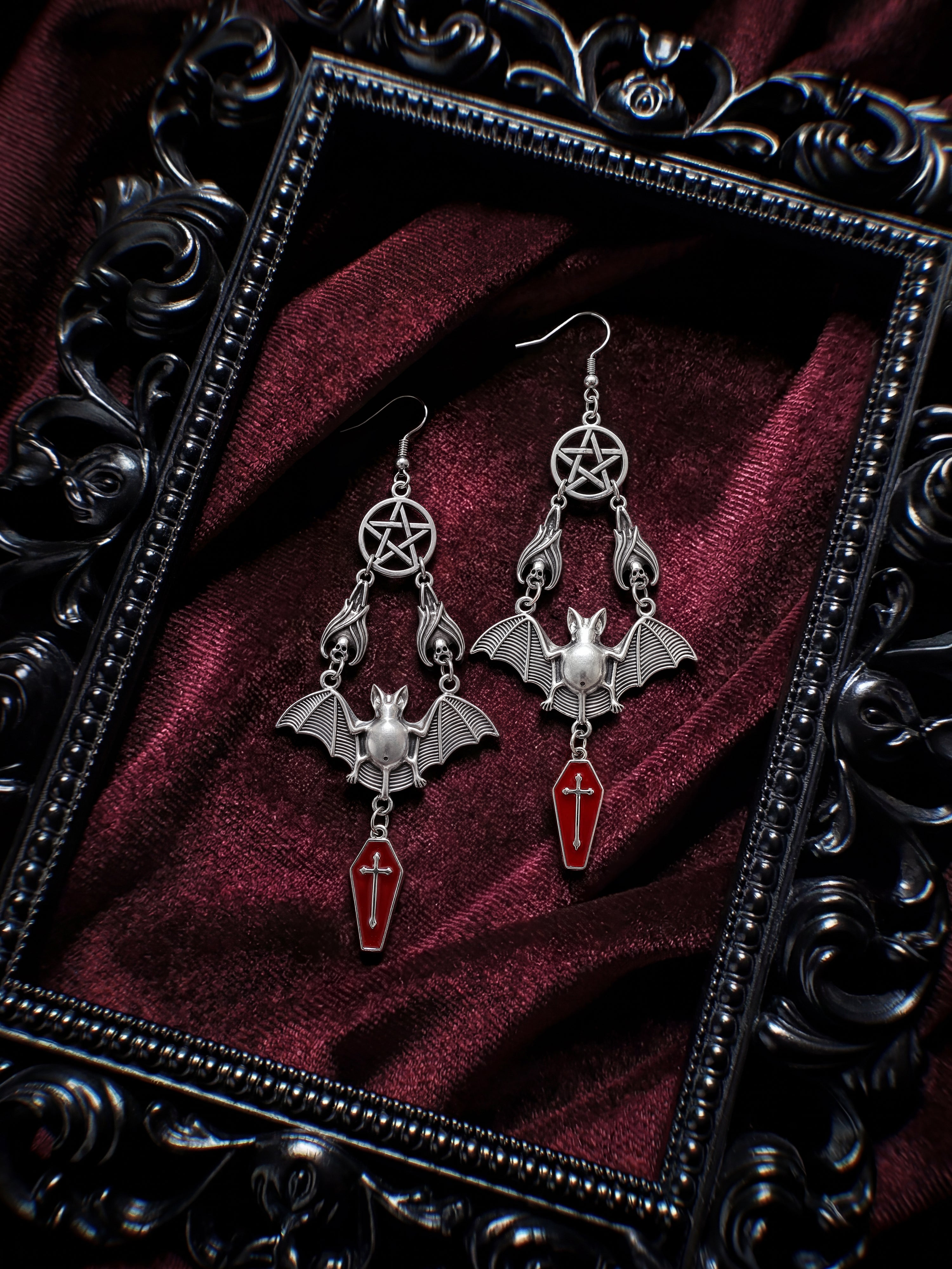 Gothistar Bat Coffin Cross Drop Earrings - Lifestyle