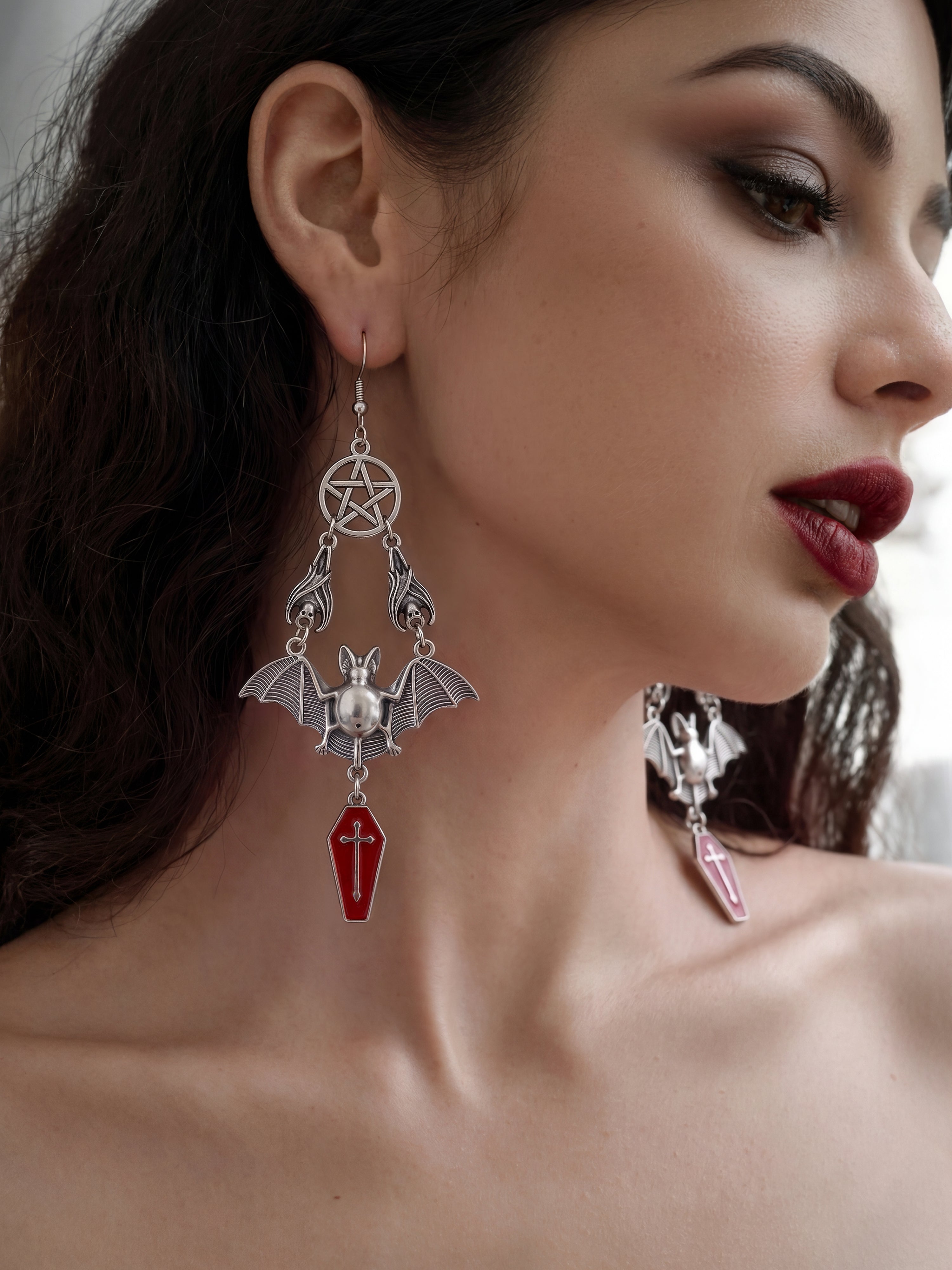 Gothistar Bat Coffin Cross Drop Earrings - Model