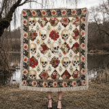 Gothistar Elegant Skull Roses Woven Tapestry Blanket