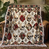Gothistar Elegant Skull Roses Woven Tapestry Blanket
