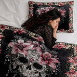 Gothistar All Season Quilt 3-Piece Set Beautiful Sugar Skull With Lilies